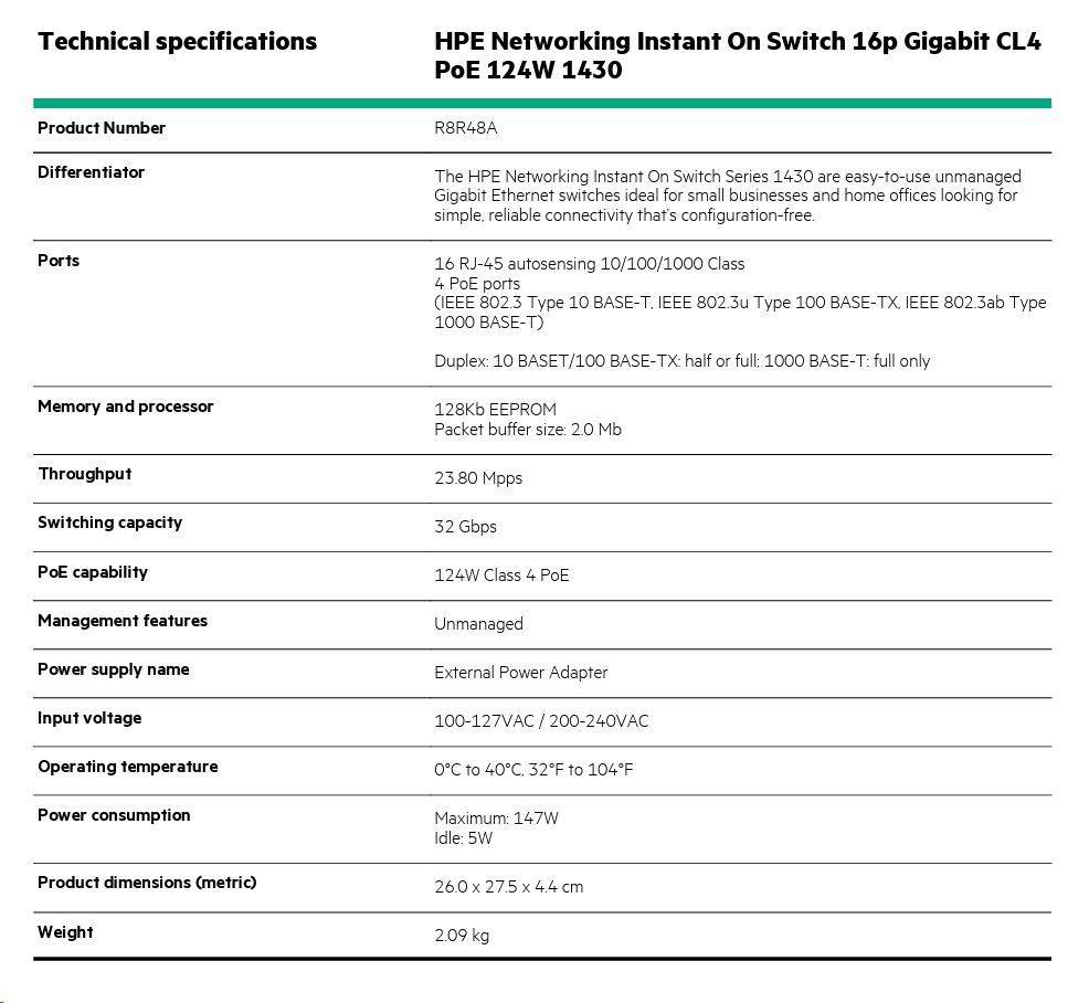HPE Networking Instant On Switch 16p Gigabit CL4 PoE 124W 14301 