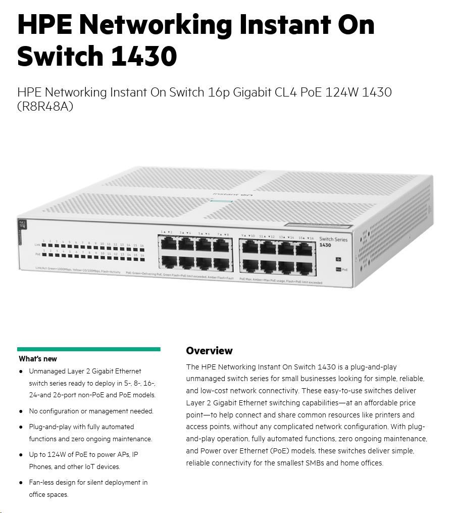 HPE Networking Instant On Switch 16p Gigabit CL4 PoE 124W 14302 