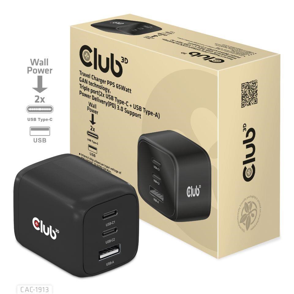 Club3D cestovní nabíječka 65W GAN technologie,  3 porty (2xUSB-C + USB-A),  PPS,  Power Delivery(PD) 3.0 Support0 