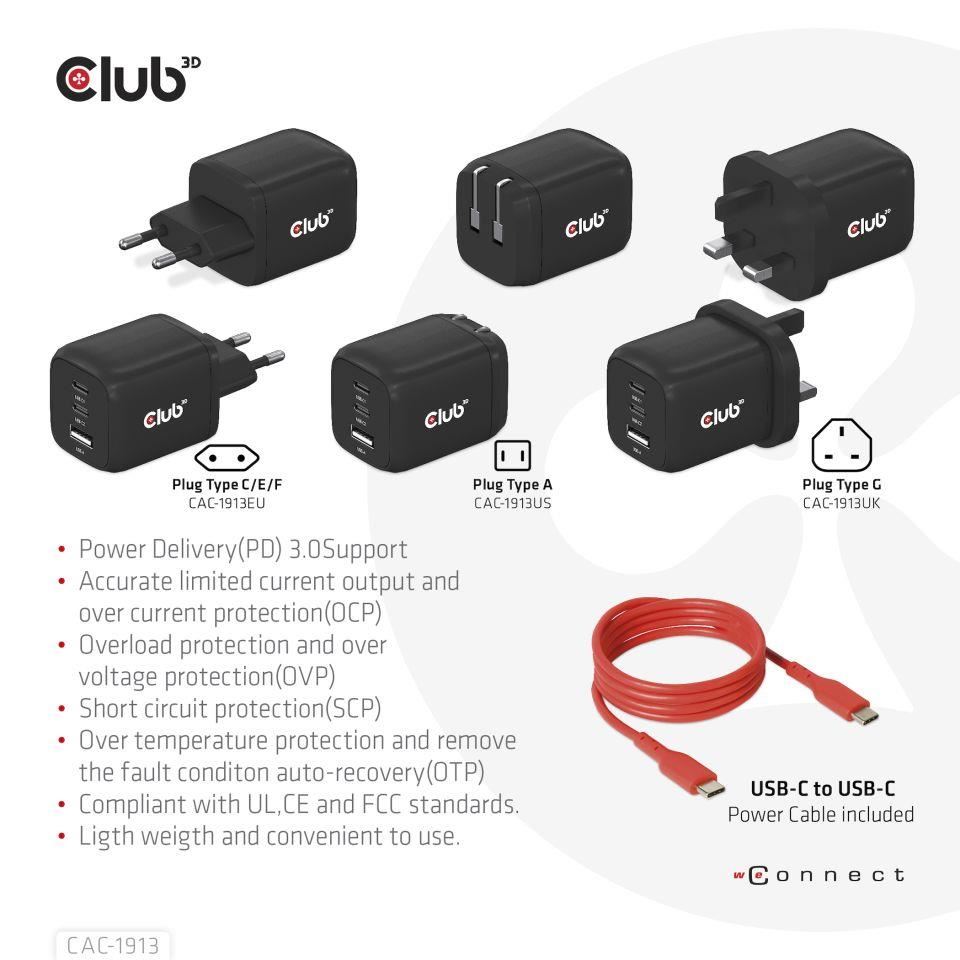 Club3D cestovní nabíječka 65W GAN technologie,  3 porty (2xUSB-C + USB-A),  PPS,  Power Delivery(PD) 3.0 Support3 