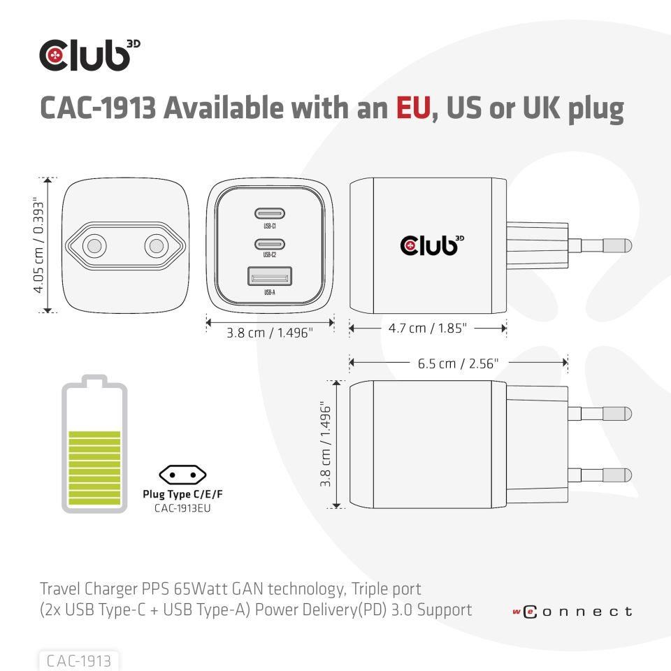 Club3D cestovní nabíječka 65W GAN technologie,  3 porty (2xUSB-C + USB-A),  PPS,  Power Delivery(PD) 3.0 Support5 