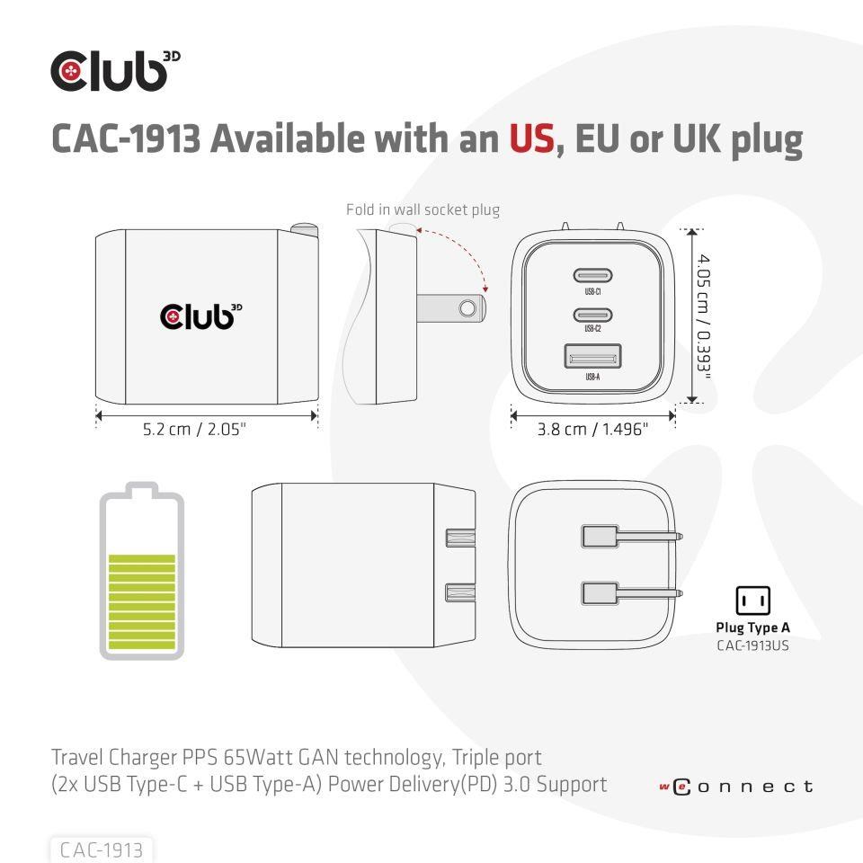 Club3D cestovní nabíječka 65W GAN technologie,  3 porty (2xUSB-C + USB-A),  PPS,  Power Delivery(PD) 3.0 Support6 
