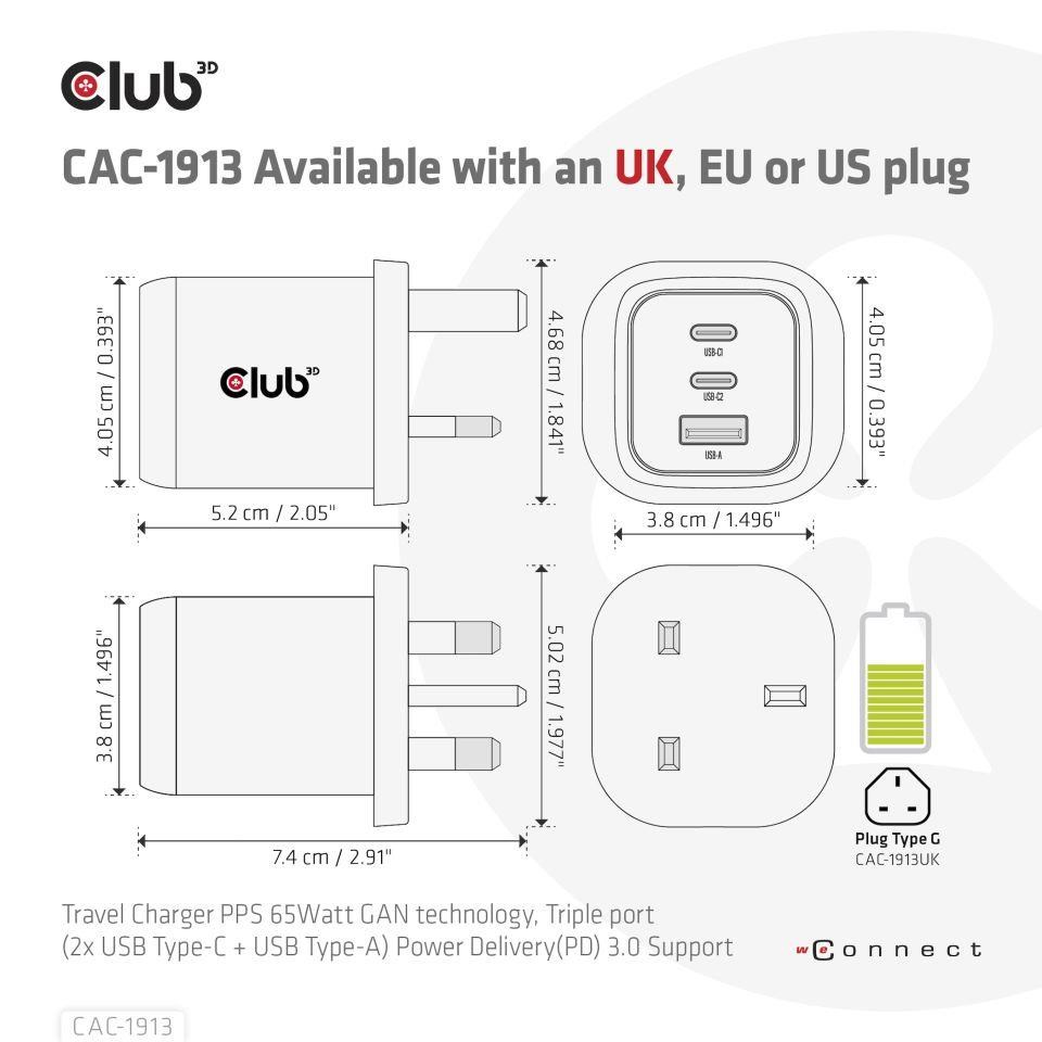 Club3D cestovní nabíječka 65W GAN technologie,  3 porty (2xUSB-C + USB-A),  PPS,  Power Delivery(PD) 3.0 Support7 