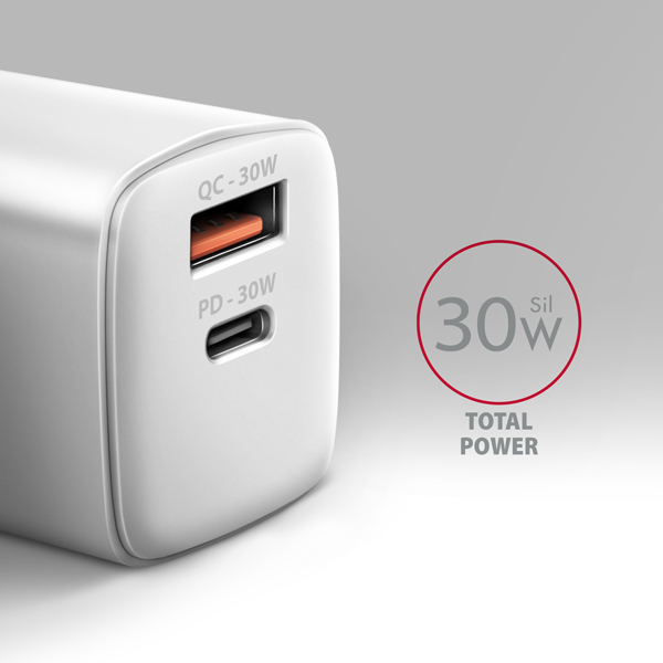 AXAGON ACU-PQ30W,  Sil nabíjačka do siete 30W,  2x port (USB-A + USB-C),  PD3.0/ PPS/ QC4+/ SFC/ AFC/ Apple,  biela0 