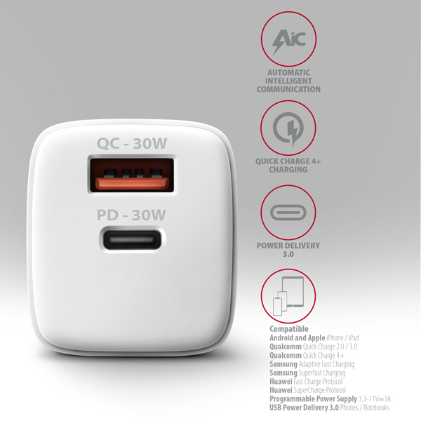 AXAGON ACU-PQ30W,  Sil nabíjačka do siete 30W,  2x port (USB-A + USB-C),  PD3.0/ PPS/ QC4+/ SFC/ AFC/ Apple,  biela1 