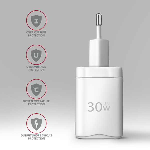 AXAGON ACU-PQ30W,  Sil nabíjačka do siete 30W,  2x port (USB-A + USB-C),  PD3.0/ PPS/ QC4+/ SFC/ AFC/ Apple,  biela6 