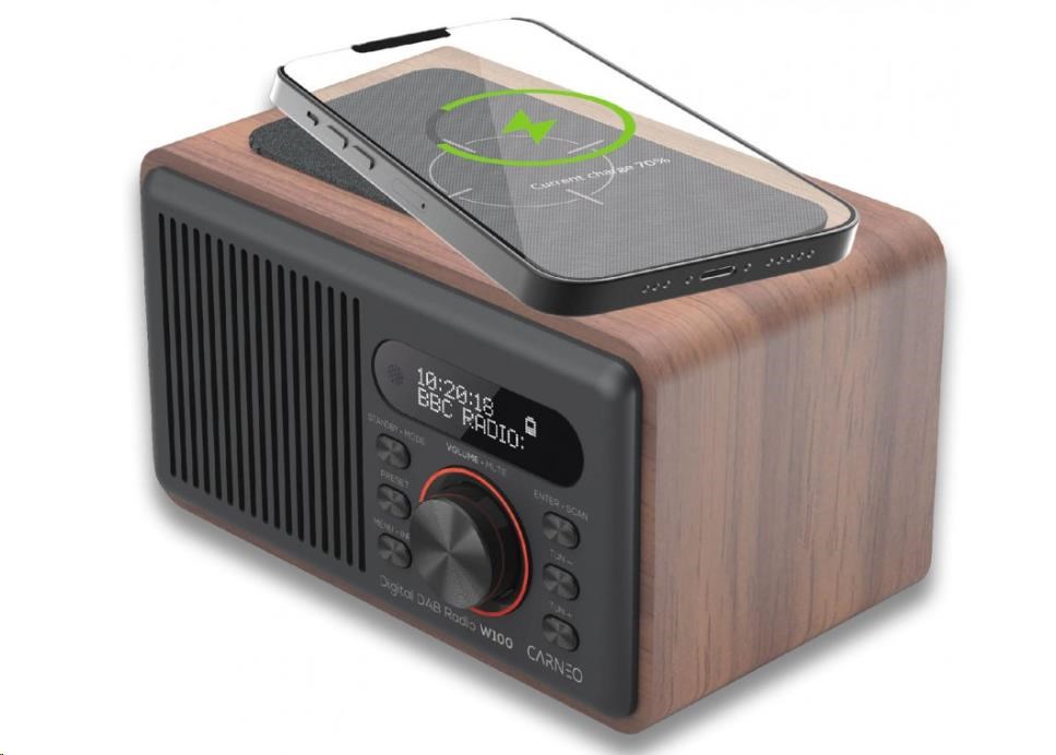 CARNEO W100 Rádio DAB+,  FM,  BT,  Wireless charging,  wood0 