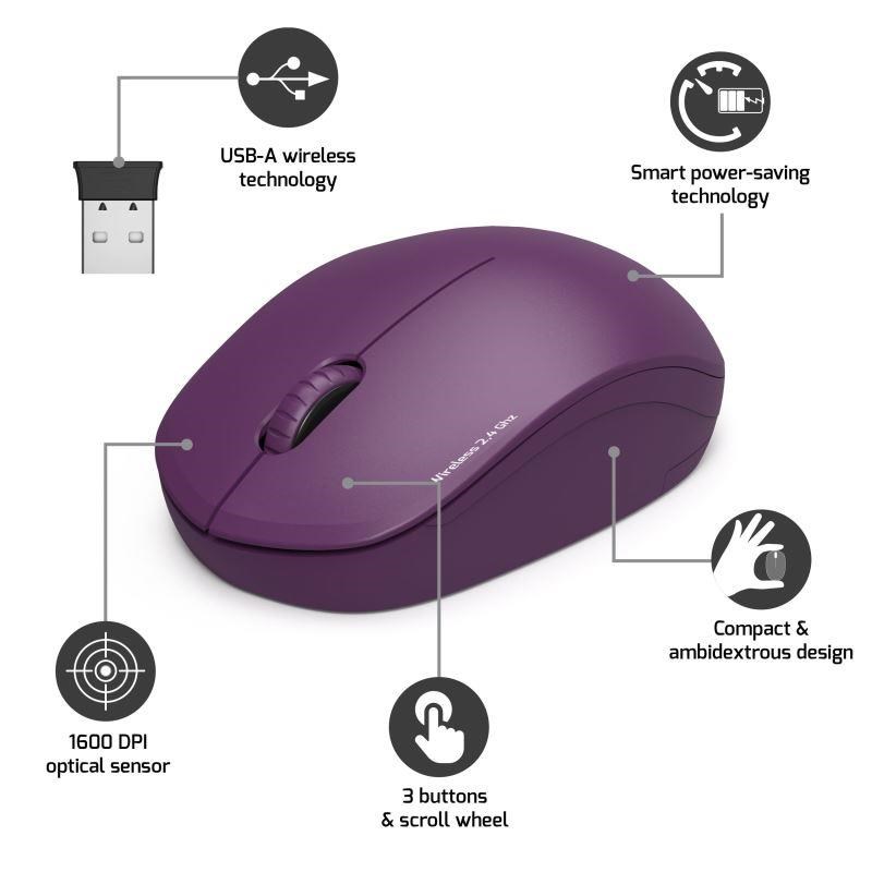 PORT bezdrátová myš Wireless COLLECTION,  USB-A dongle,  2.4Ghz,  1600DPI,  fialová0 