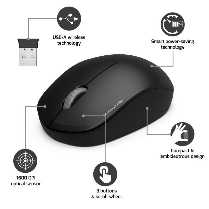 PORT bezdrátová myš Wireless COLLECTION,  USB-A dongle,  2.4Ghz,  1600DPI,  černá4 
