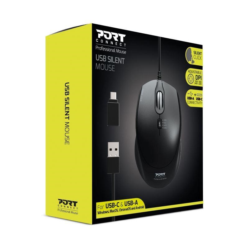 PORT optická myš SILENT,  USB-A/ USB-C,  3600 DPI,  černá1 