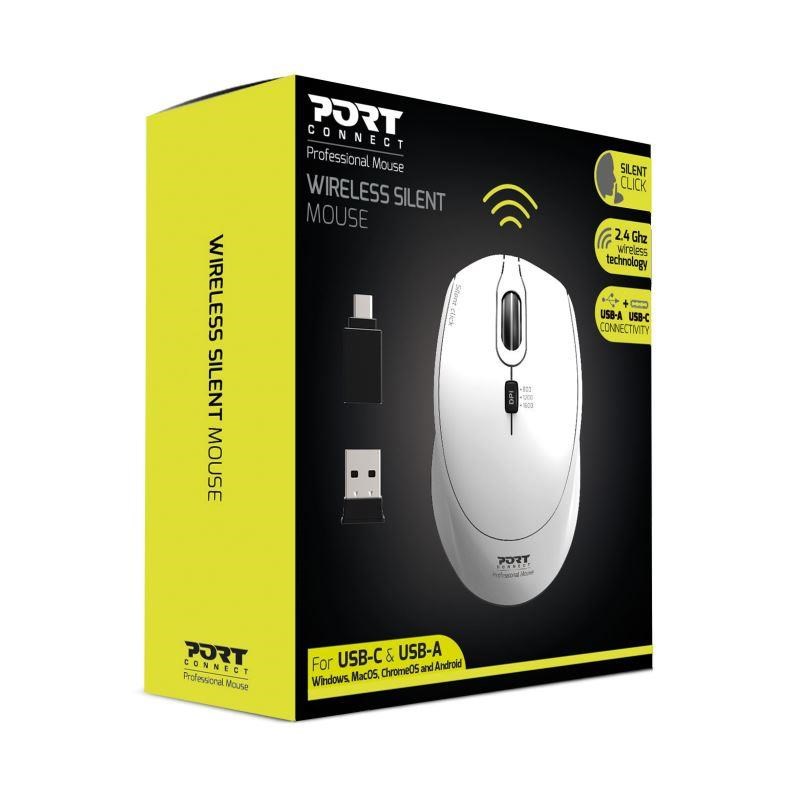 PORT bezdrátová myš SILENT,  USB-A/ USB-C dongle,  2, 4Ghz,  1600DPI,  bílá1 