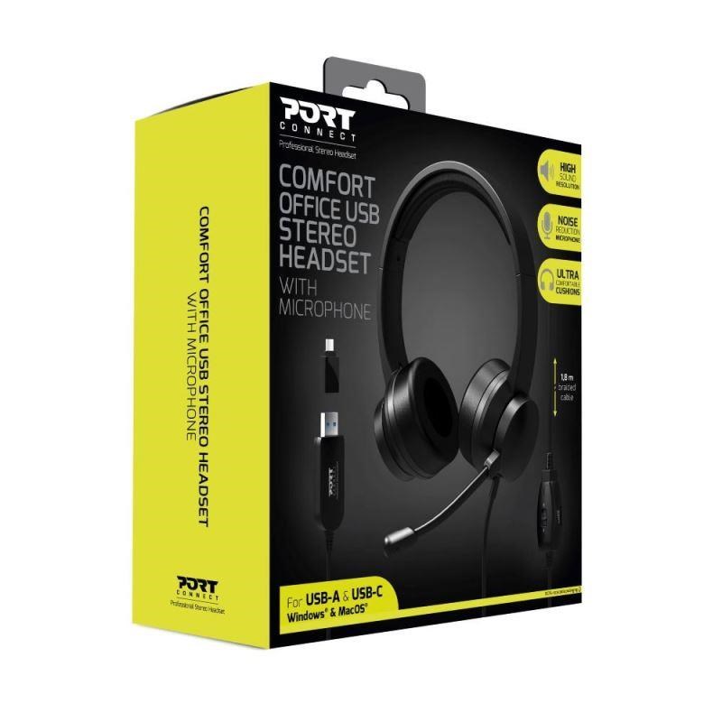 PORT stereo headset s mikrofonem,  USB-A/ USB-C,  černá7 