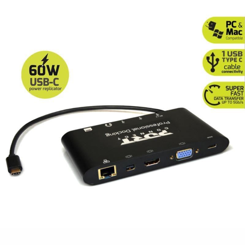 PORT dokovací stanice 8v1 , LAN,  HDMI,  mini Display Port,  VGA,  USB-C 60W,  3x USB-A, 1 