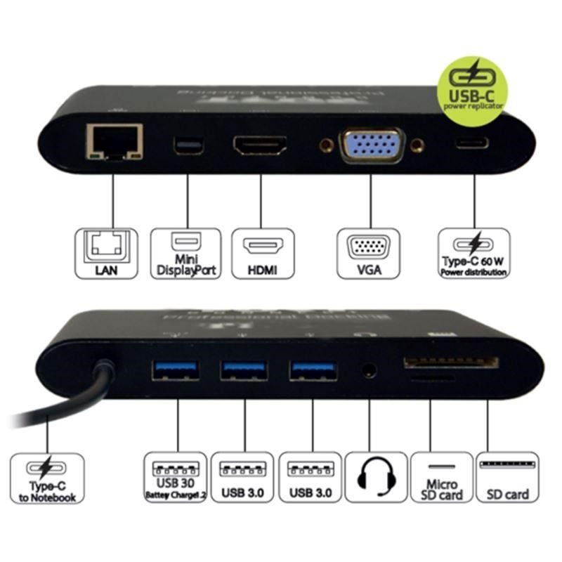 PORT dokovací stanice 8v1 , LAN,  HDMI,  mini Display Port,  VGA,  USB-C 60W,  3x USB-A, 3 