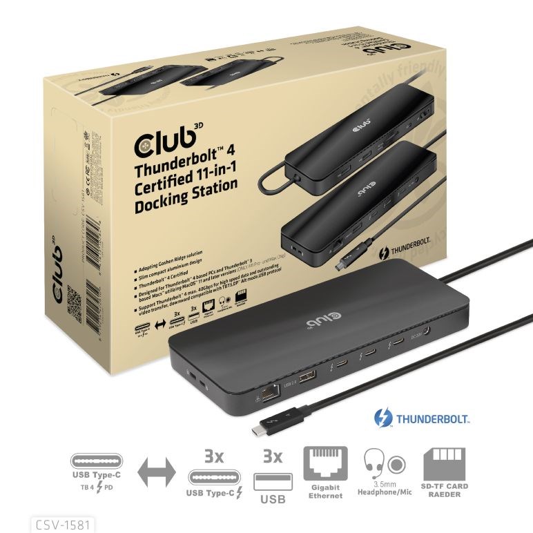 Club3D Dokovací stanice Thunderbolt 4 certifikovaný 11v1,  3xUSB-C,  3xUSB-A,  PD4 