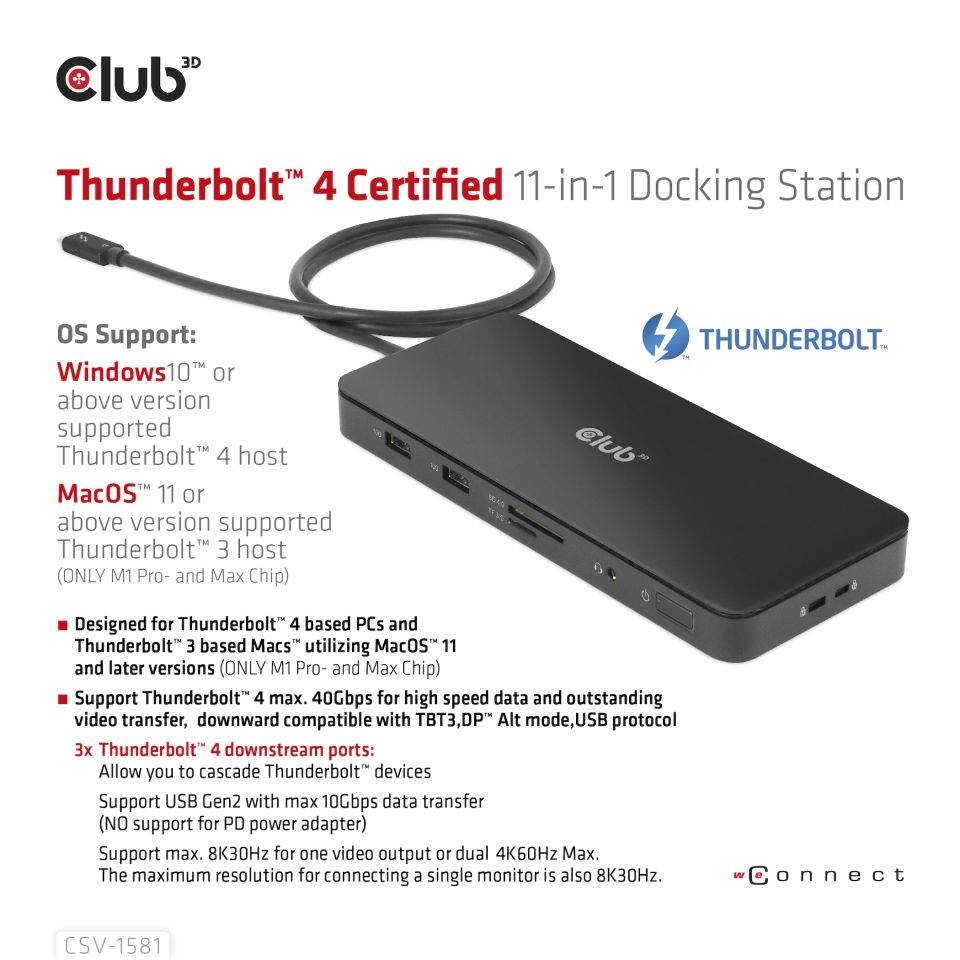 Club3D Dokovací stanice Thunderbolt 4 certifikovaný 11v1,  3xUSB-C,  3xUSB-A,  PD0 