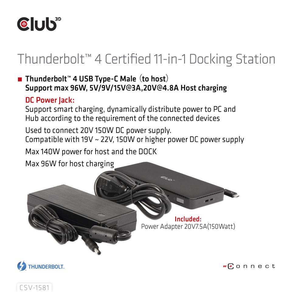 Club3D Dokovací stanice Thunderbolt 4 certifikovaný 11v1,  3xUSB-C,  3xUSB-A,  PD3 