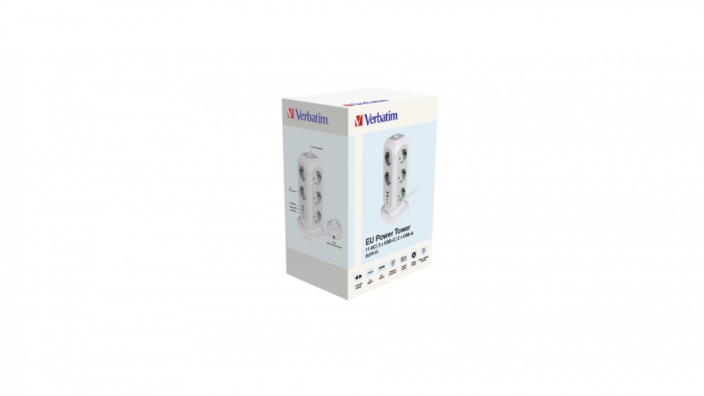 VERBATIM EU Power Tower EUPT-01 Nabíjecí stanice , 11x 230V,  2x USB-C,  2x USB-A4 
