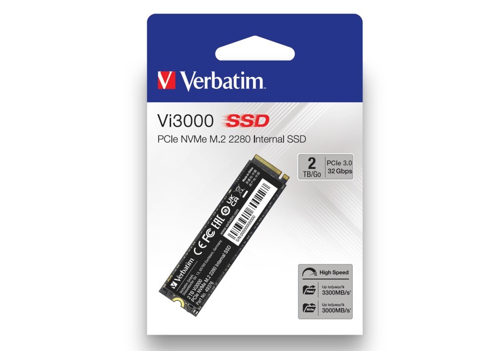 VERBATIM SSD Vi3000 Internal PCIe NVMe M.2 SSD 2TB ,  W 3000/  R 3300 MB/ s1 