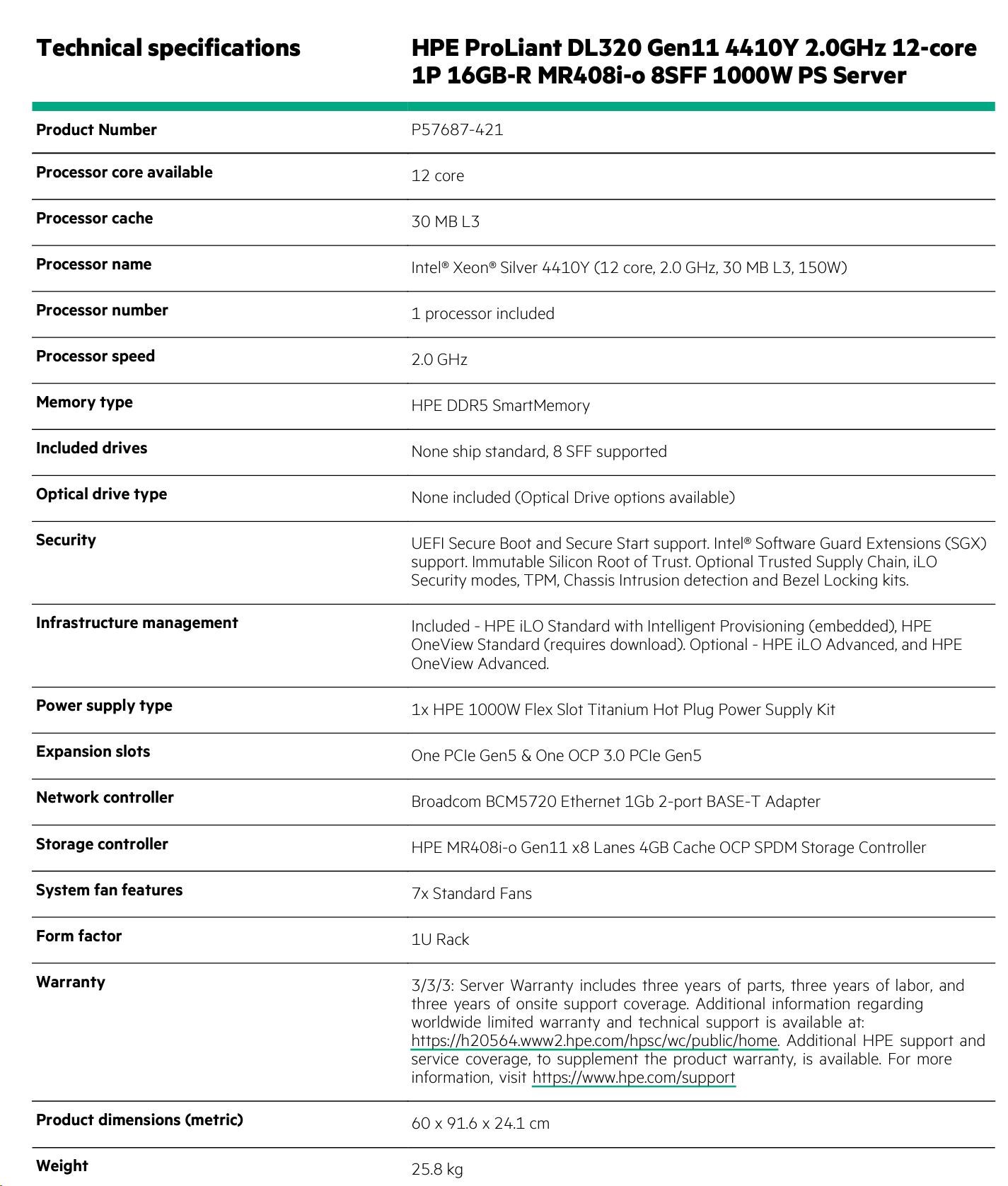 HPE PL DL320g11 4410Y (2.0/ 12C/ 4800) 16G MR408i-o 8SFF BC U3 1000Wti 2x1Gb 1U EIR1 
