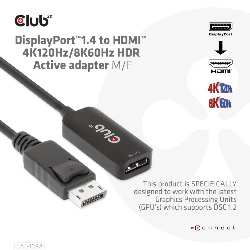 Club3D Active DisplayPort adaptér 1.4 na HDMI 4K120HZ HDR (M/ F),  čierna3 
