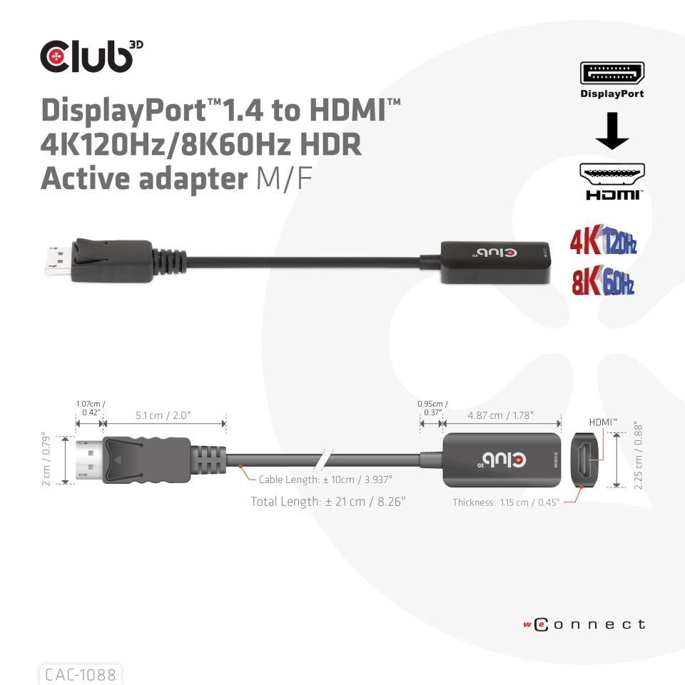 Club3D Active DisplayPort adaptér 1.4 na HDMI 4K120HZ HDR (M/ F),  čierna4 