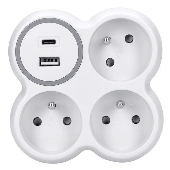 Solight rozbočka,  3x 15A,  USB nabíječka A+C,  bílá-šedá0 