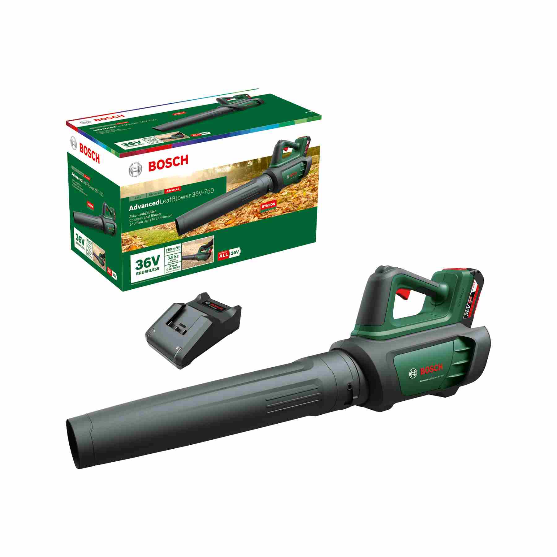 BOSCH AdvancedLeafBlower 36V-750,  akumulátorový foukač na listí,  36 V,  proudění 100 – 200 km/ h,  akumulátor 2.0 Ah0 