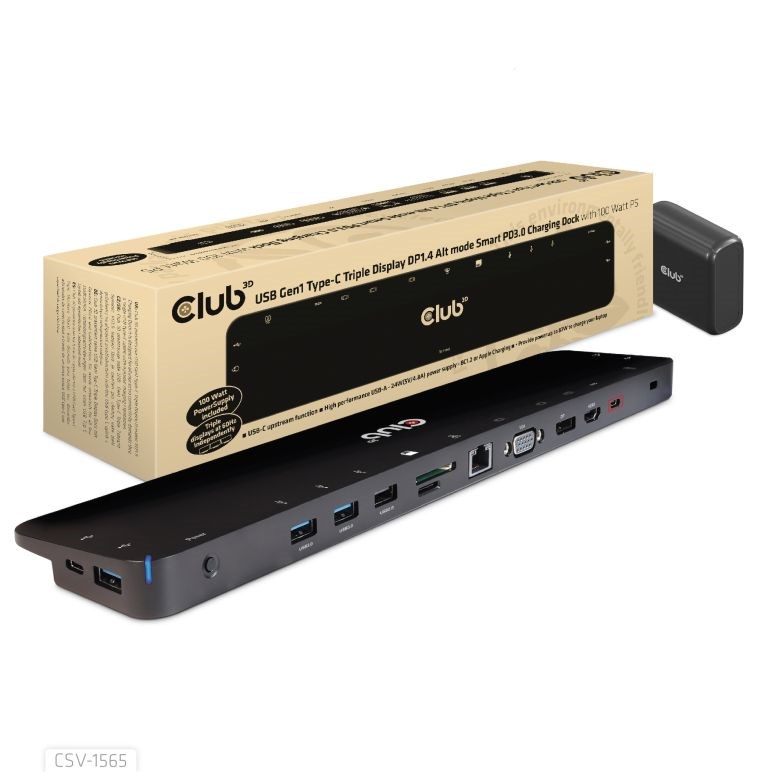 Club3D Dokovací stanice USB-C,  Triple Display DP 1.4 Alt mode Smart PD3.0 Charging Dock with 100 Watt PS0 