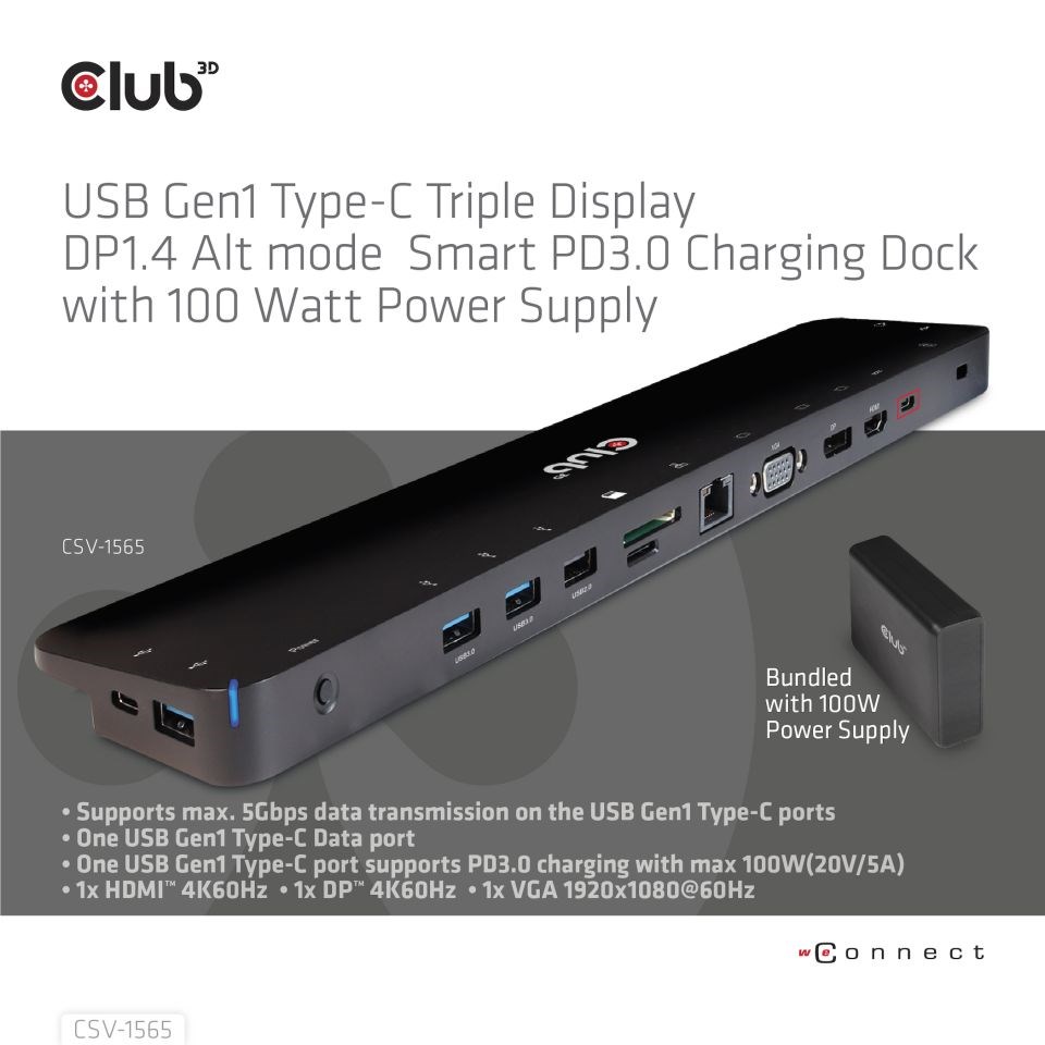 Club3D Dokovací stanice USB-C,  Triple Display DP 1.4 Alt mode Smart PD3.0 Charging Dock with 100 Watt PS3 