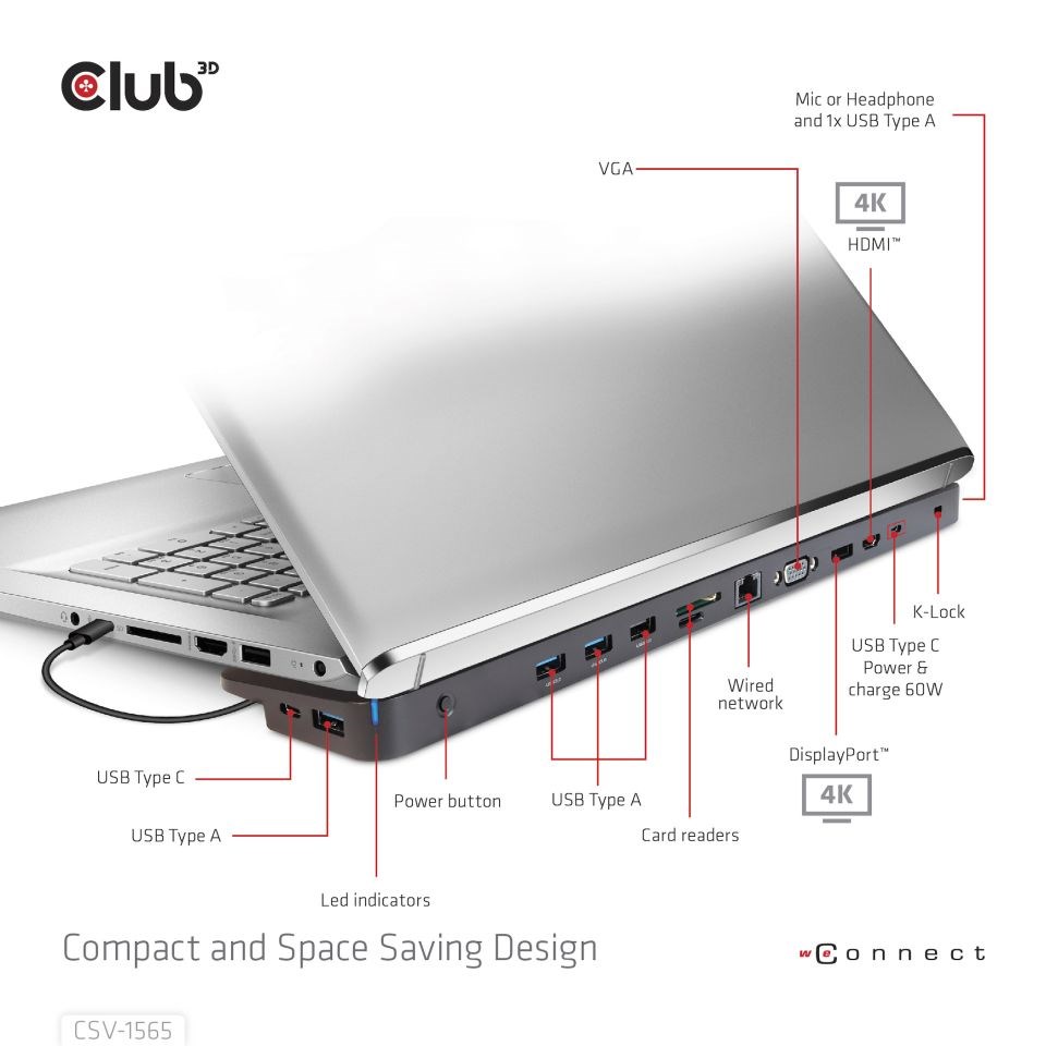 Club3D Dokovací stanice USB-C,  Triple Display DP 1.4 Alt mode Smart PD3.0 Charging Dock with 100 Watt PS6 