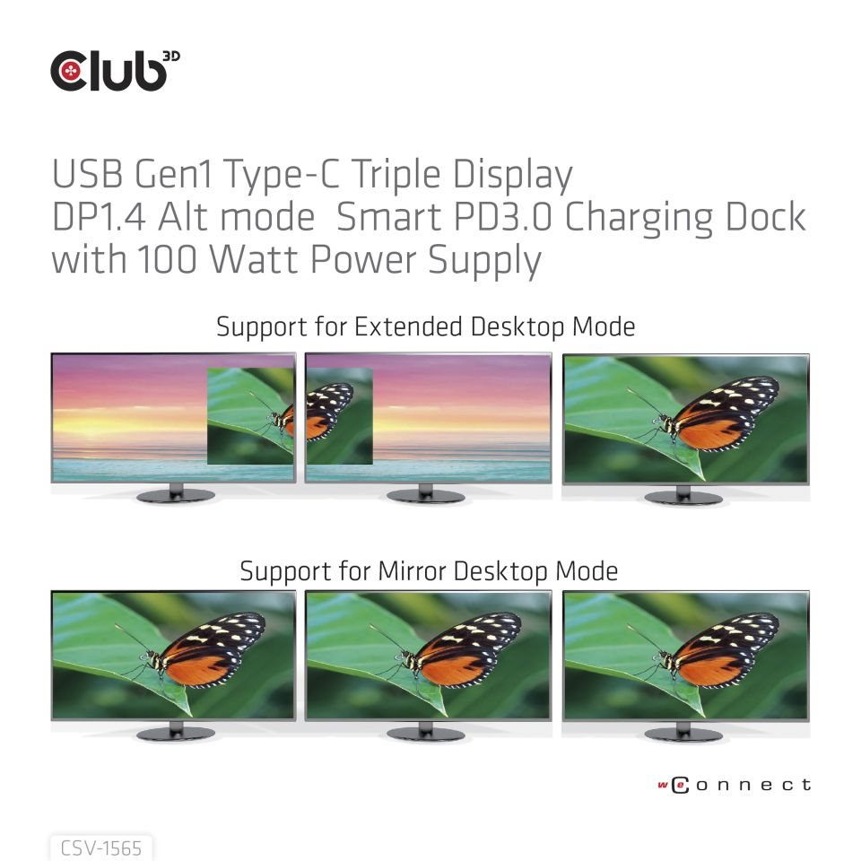 Club3D Dokovací stanice USB-C,  Triple Display DP 1.4 Alt mode Smart PD3.0 Charging Dock with 100 Watt PS1 