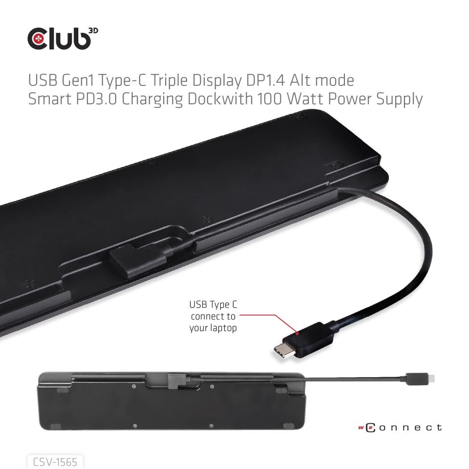 Club3D Dokovací stanice USB-C,  Triple Display DP 1.4 Alt mode Smart PD3.0 Charging Dock with 100 Watt PS4 