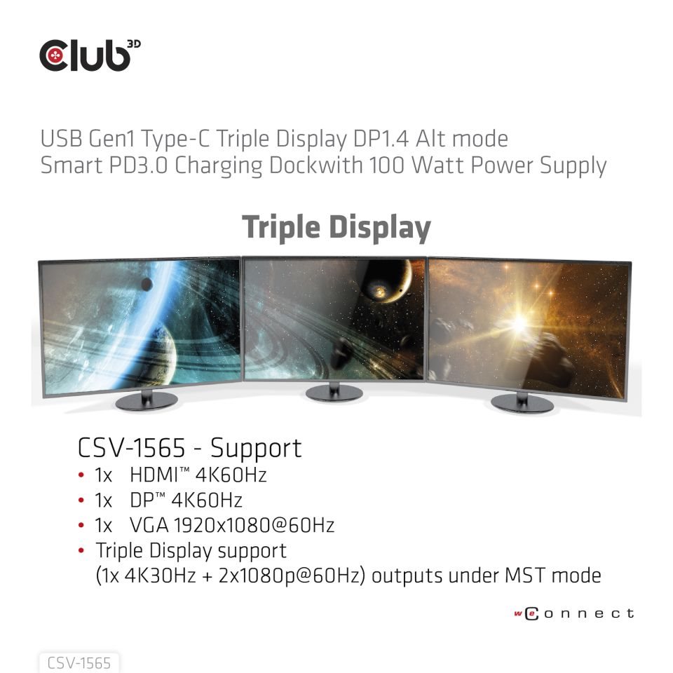 Club3D Dokovací stanice USB-C,  Triple Display DP 1.4 Alt mode Smart PD3.0 Charging Dock with 100 Watt PS5 