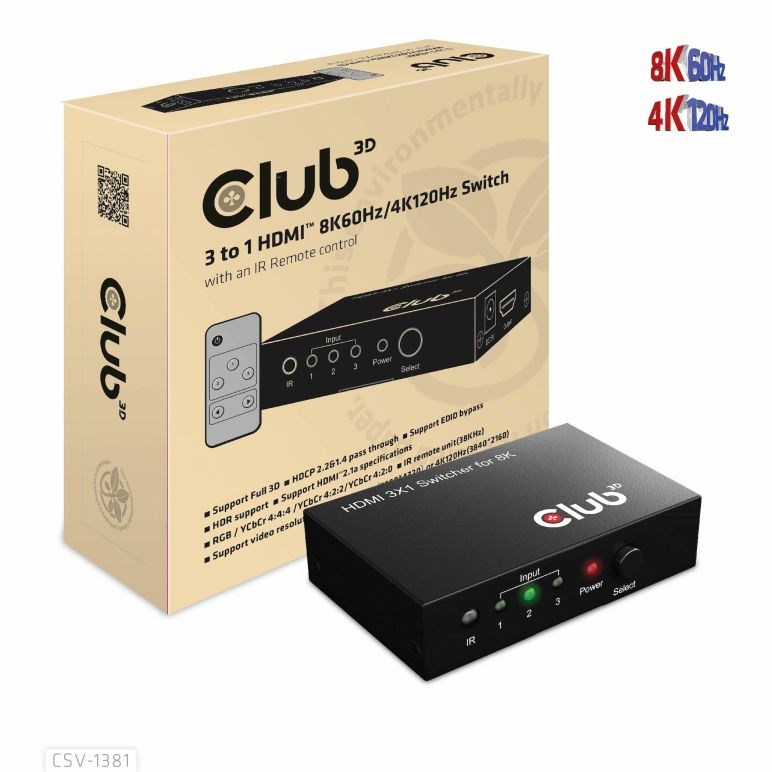 Club3D Switch 1:3 HDMI 8K60Hz/ 4K120Hz,  3 porty0 