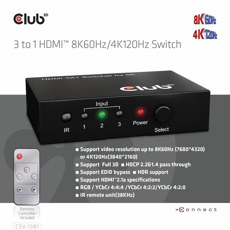 Club3D Switch 1:3 HDMI 8K60Hz/ 4K120Hz,  3 porty0 