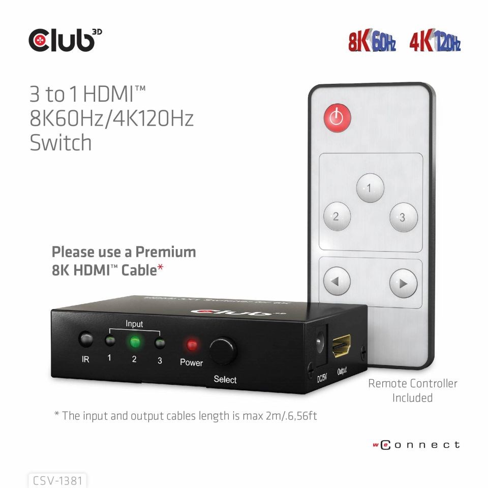 Club3D Switch 1:3 HDMI 8K60Hz/ 4K120Hz,  3 porty6 