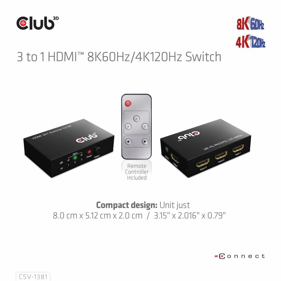 Club3D Switch 1:3 HDMI 8K60Hz/ 4K120Hz,  3 porty7 