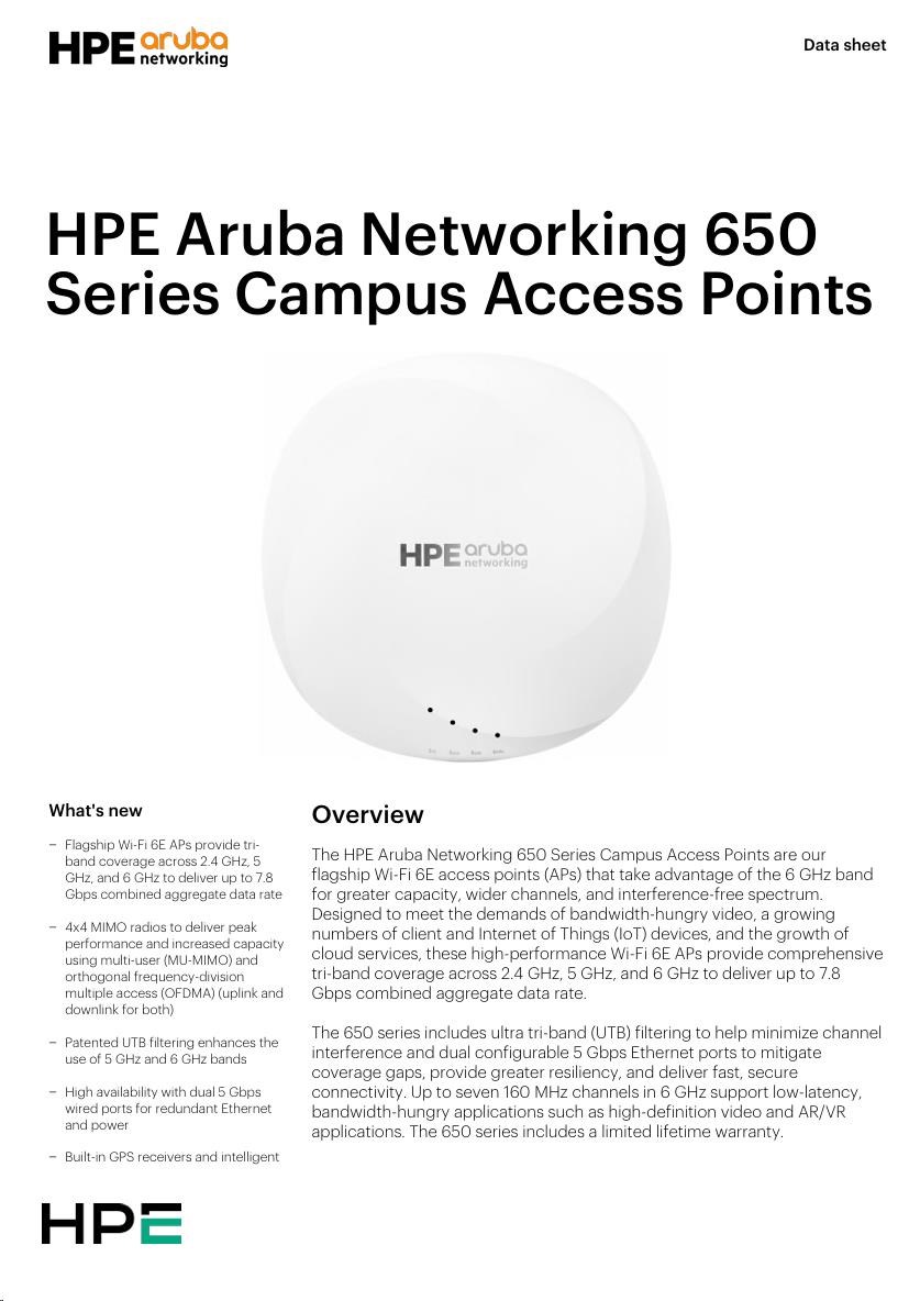 Aruba AP-655 (RW) Tri-radio 4x4:4 802.11ax Wi-Fi 6E Internal Antennas Campus AP RENEW R7J38A2 