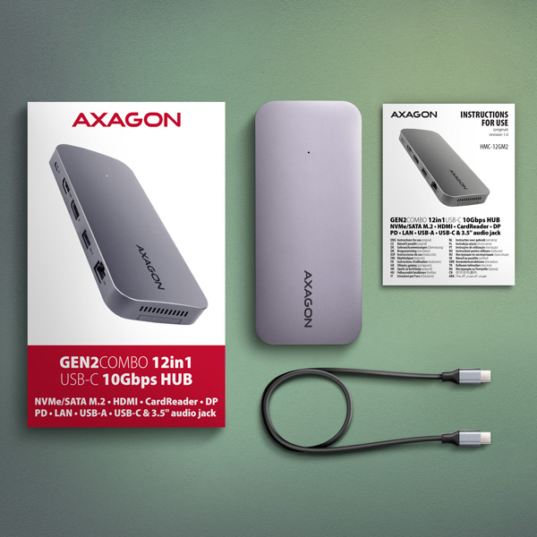 AXAGON HMC-12GM2,  USB 10Gbps hub,  3x USB-A,  USB-C,   HDMI,  DP,  RJ-45 GLAN,  M.2,  SD/ mSD,  audio,  PD 100W,  kábel USB-C 50cm8 