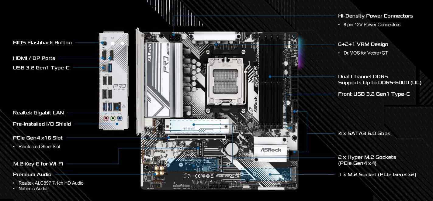 ASRock MB Sc AM5 A620M Pro RS,  AMD A620,  4xDDR5,  HDMI,  DP3 