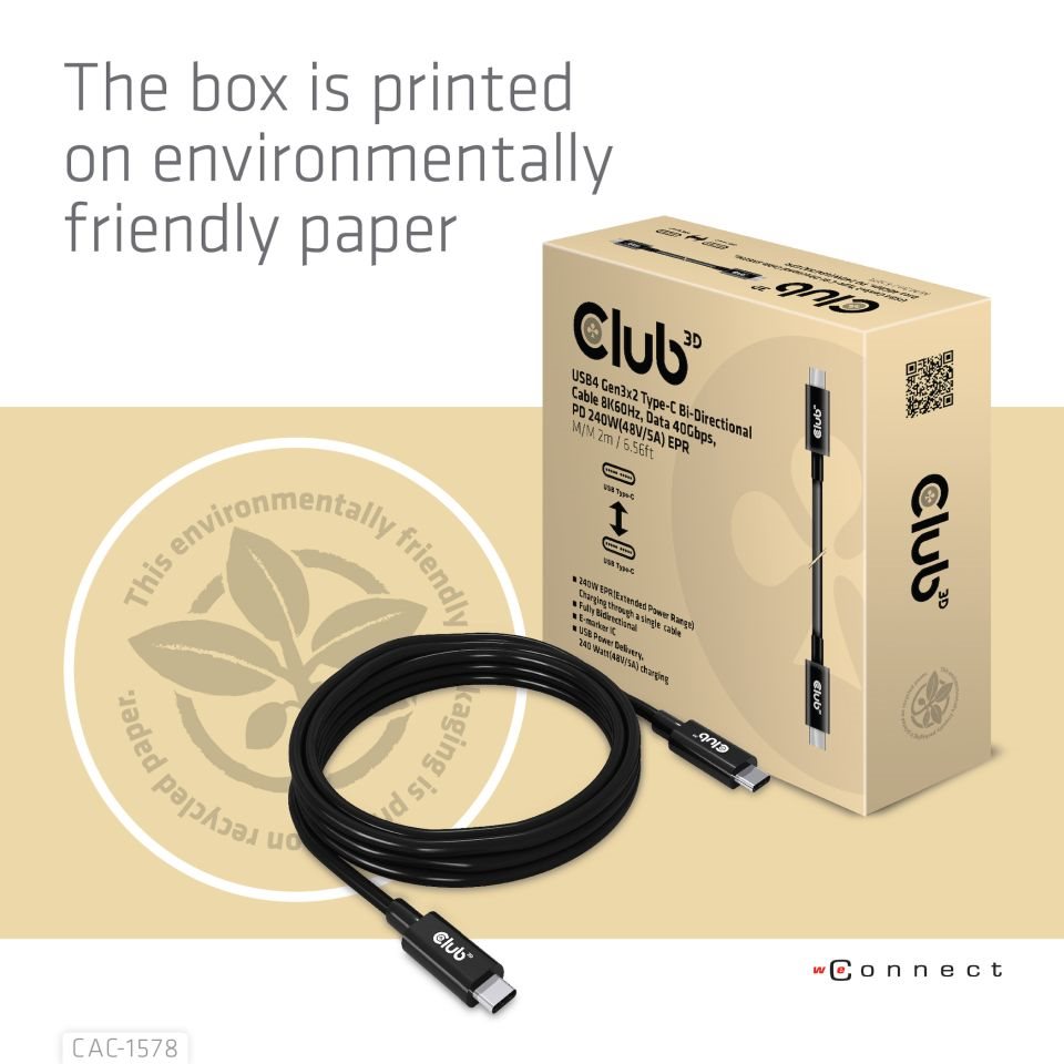 Club3D Kabel USB4 Gen3x2 Type-C Oboustranný kabel 8K60Hz,  Data 40 Gbps,  PD 240W(48V/ 5A) EPR M/ M 2m6 