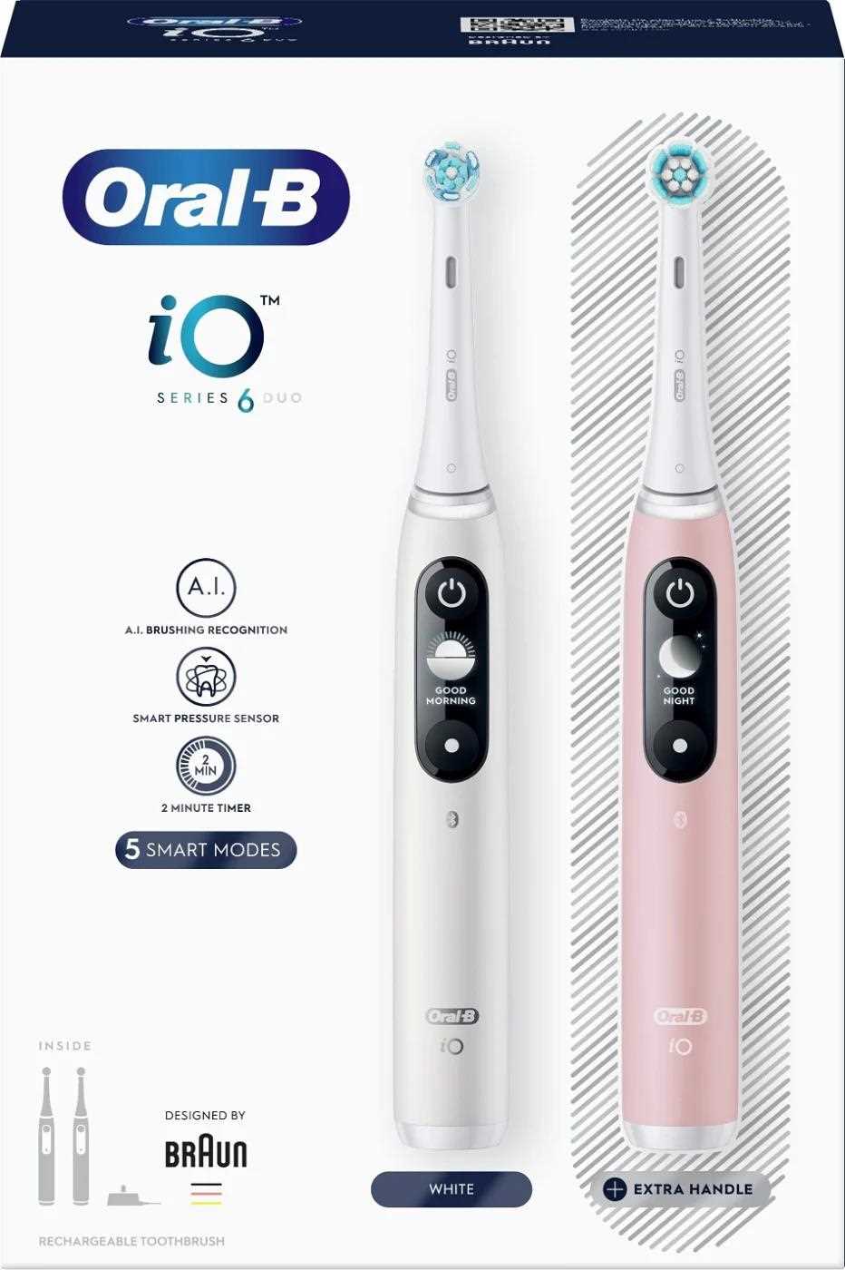 Oral-B iO Series 6 Duo White & Pink Sand set elektrických zubních kartáčků,  5 režimů,  AI,  časovač6 