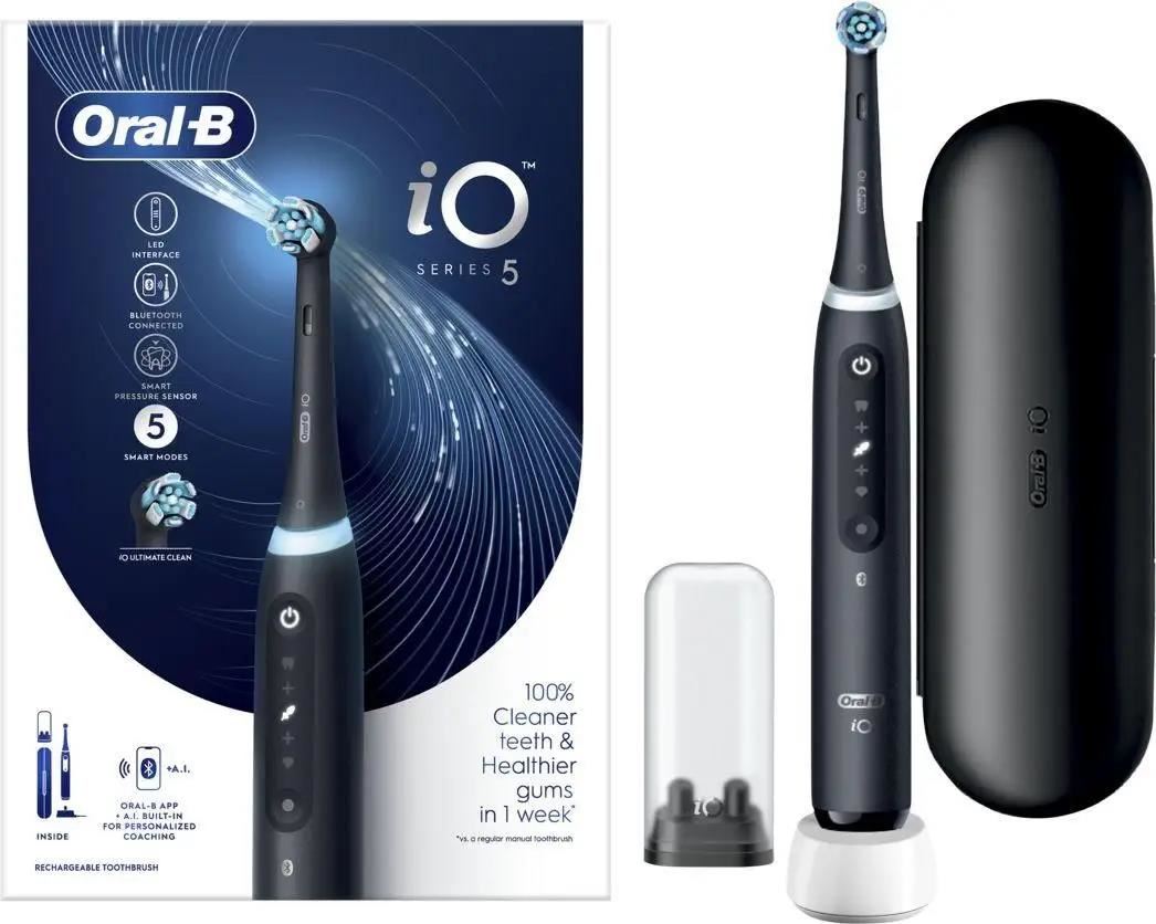 Oral-B iO Series 5 Matt Black elektrický zubní kartáček,  magnetický,  5 režimů,  tlakový senzor,  AI,  pouzdro2 