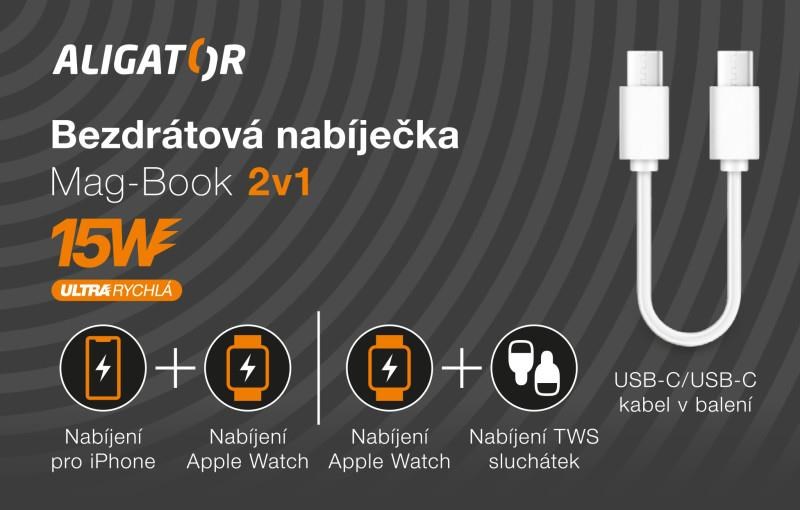 ALIGATOR bezdrátová nabíječka Mag-Book 2v1,  určeno pro MagSafe a nabíjení Apple Watch,  15W,  bílá7 