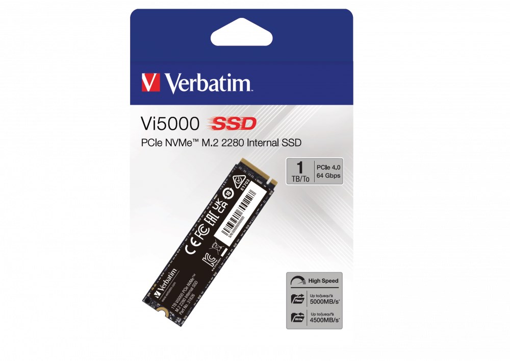 VERBATIM SSD Vi5000 Internal PCIe NVMe M.2 SSD 1TB ,  W 4500/  R 5000 MB/ s3 