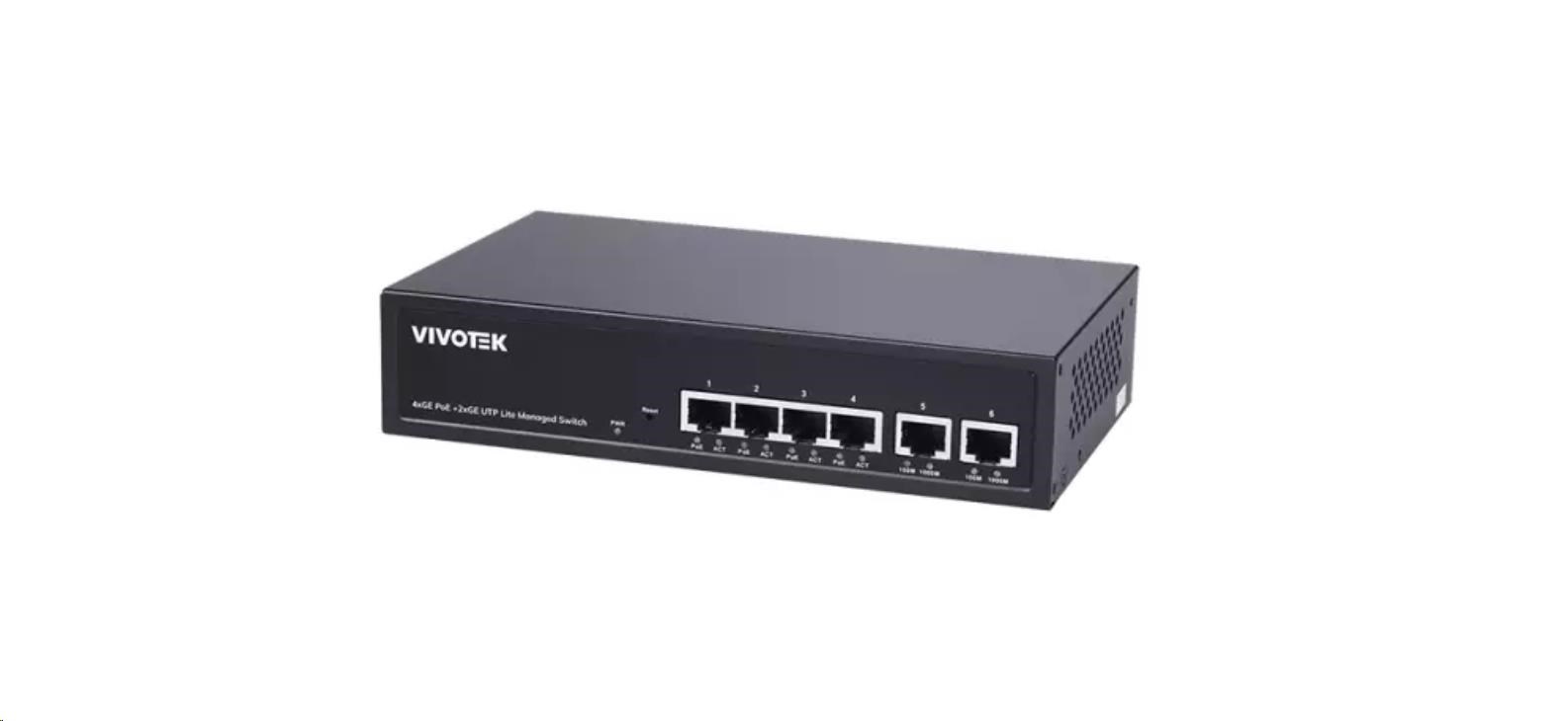 Vivotek PoE switch AW-GEL-065A-060,  4xGE PoE(802.3af/ at,  PoE budget 60W),  2xGbE RJ-45,  extend-mode až 250m(PoE@10Mbps)0 