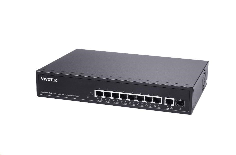 Vivotek PoE switch AW-GEL-105A-110,  8xGE PoE(802.3af/ at/ bt,  PoE budget 110W),  1xGbE RJ-45,  1xSFP 100M/ 1G slot0 
