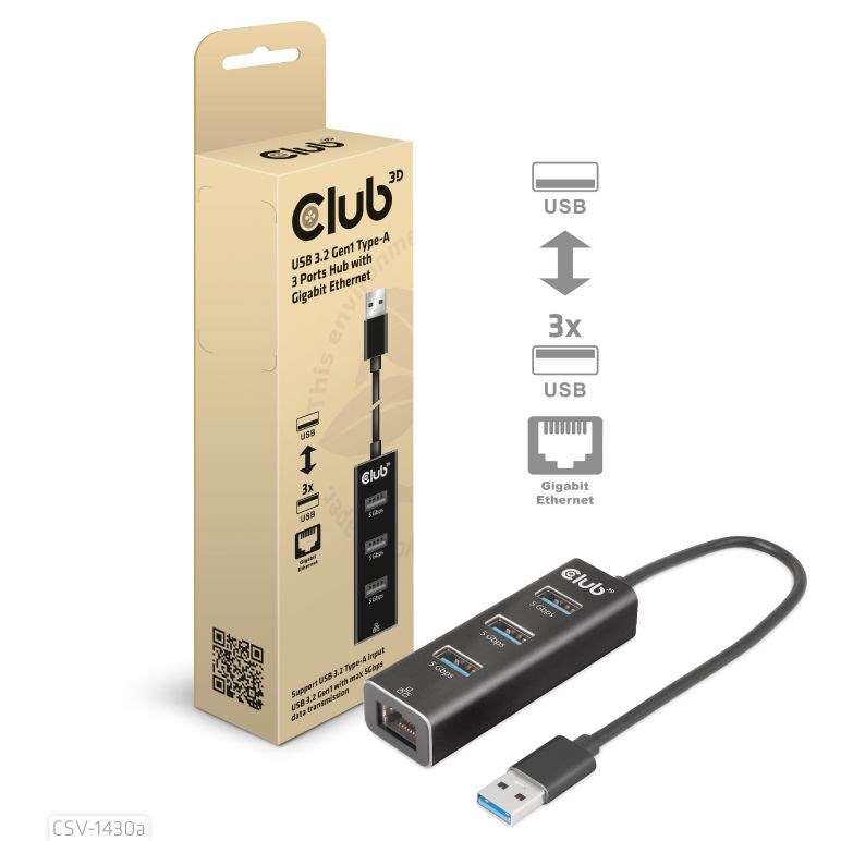 Club3D Rozbočovač,  USB-A 3.2 Gen1 na 3x USB 3.1,  Gigabit Ethernet