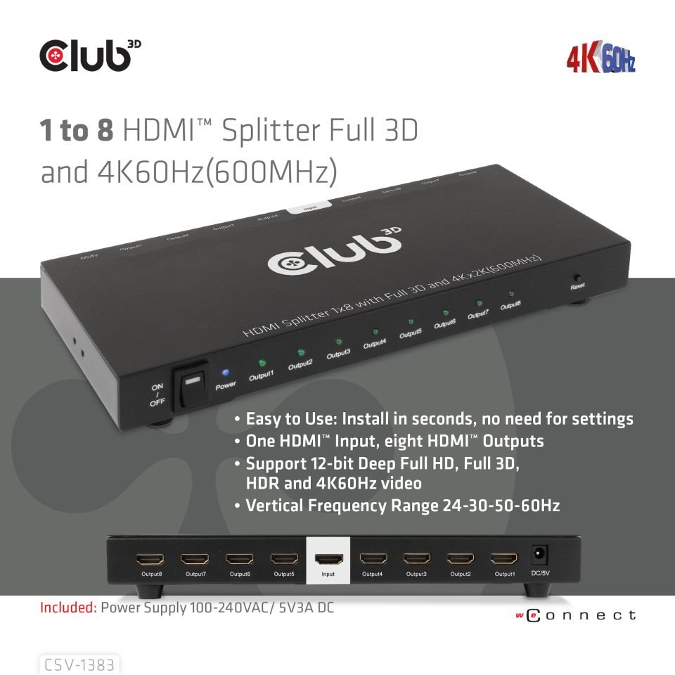 Club3D Video rozbočovač 1:4 HDMI 2.0 4K120Hz,  4 porty,  černá1 